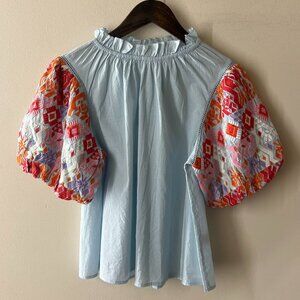THML Bubble Sleeve Mock Neck Blouse Light Blue